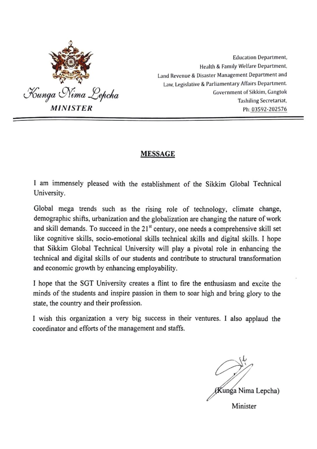 SGTU received Letter of Appreciation from Minister - Kunga Nima Lepcha